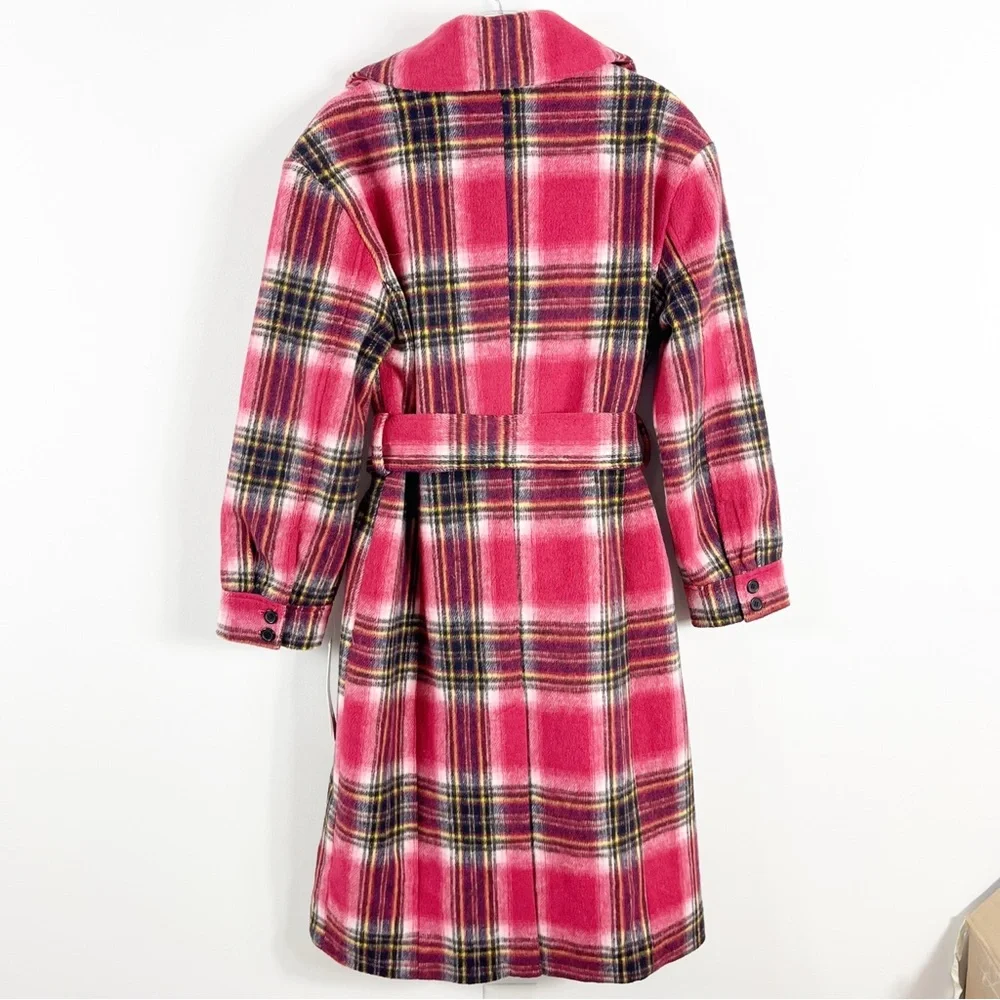 Aqua Plaid Belted Trench Coat Size Medium NWT Pink Multi - Picture 5 of 7
